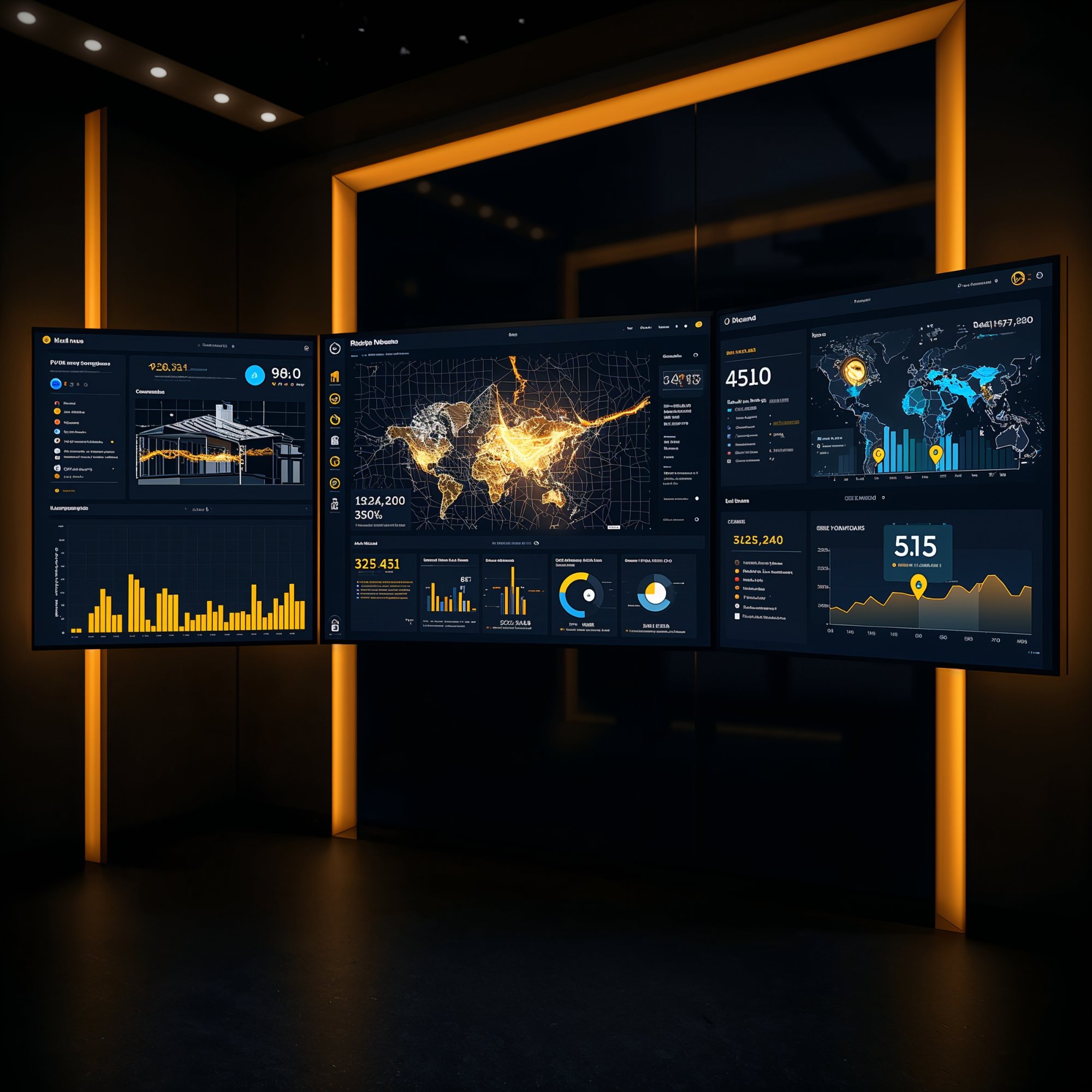 Adeeo operator dashboard showing live distress signal heat-map across the United States, gold and electric blue analytics, real-time deal pipeline