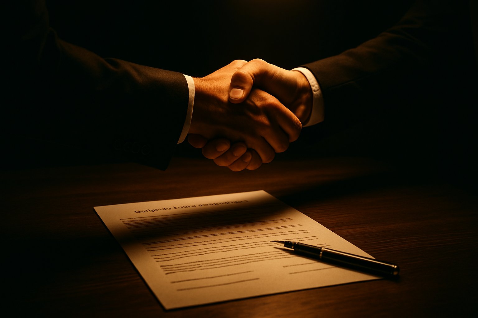 Wholesale deal closing handshake in dark moody office