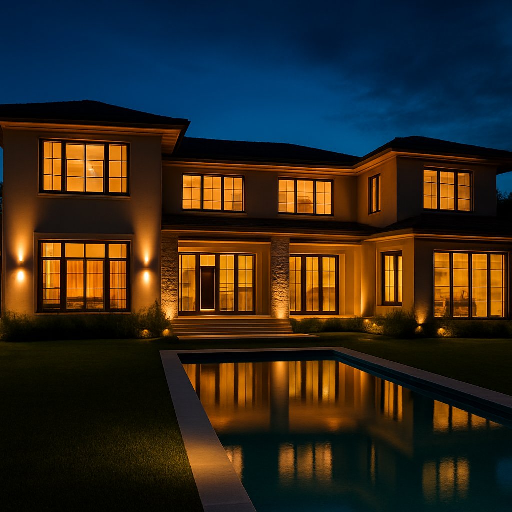 Luxury home after renovation, twilight exterior, aspirational real estate