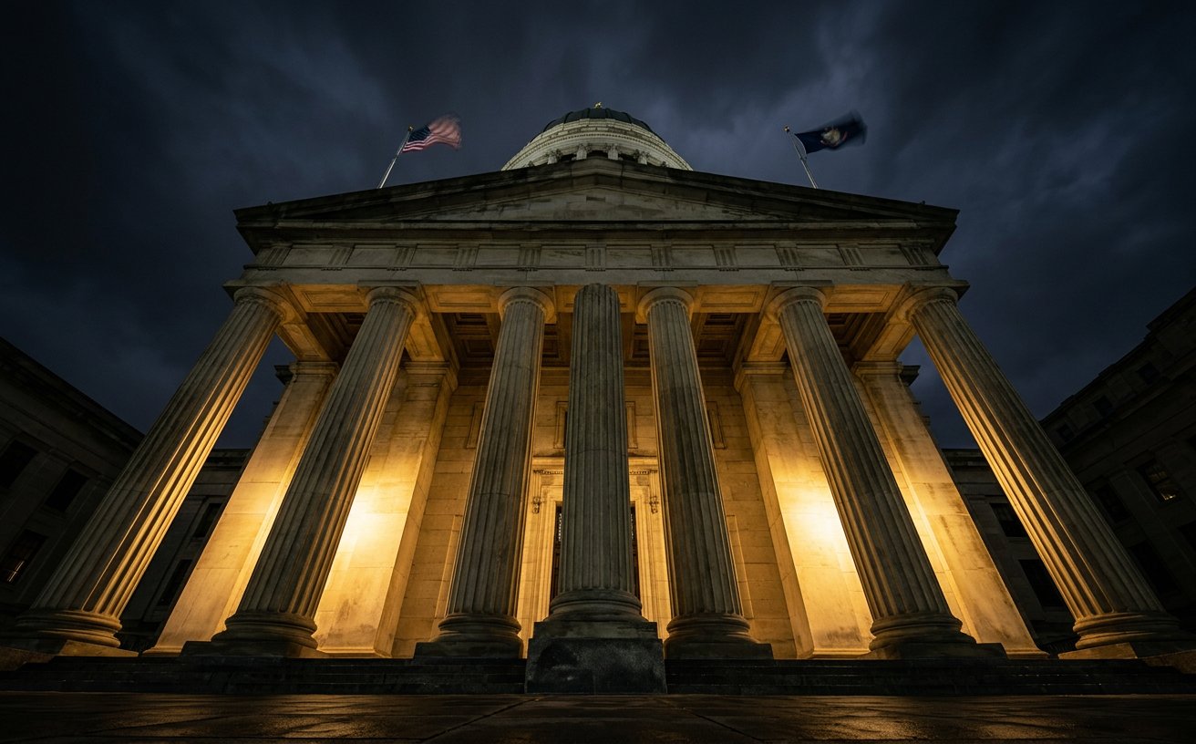 Tax Lien Hunter · classic American courthouse at night with gold-lit columns
